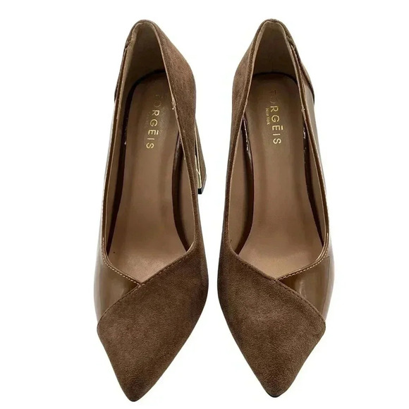 Torgeis NEW Womens 7.5 Block Heel Pumps Brown Suede & Patent Leather Minimalist - Picture 3 of 16